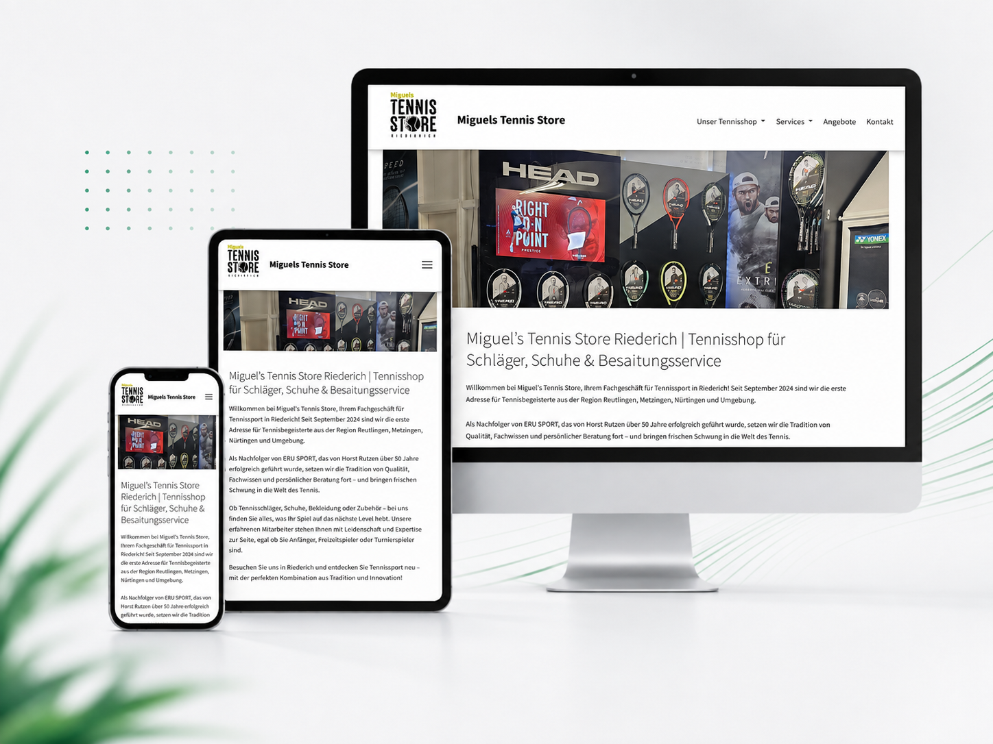 Responsive Website von Miguels Tennis Store Riederich auf Desktop, Tablet und Smartphone